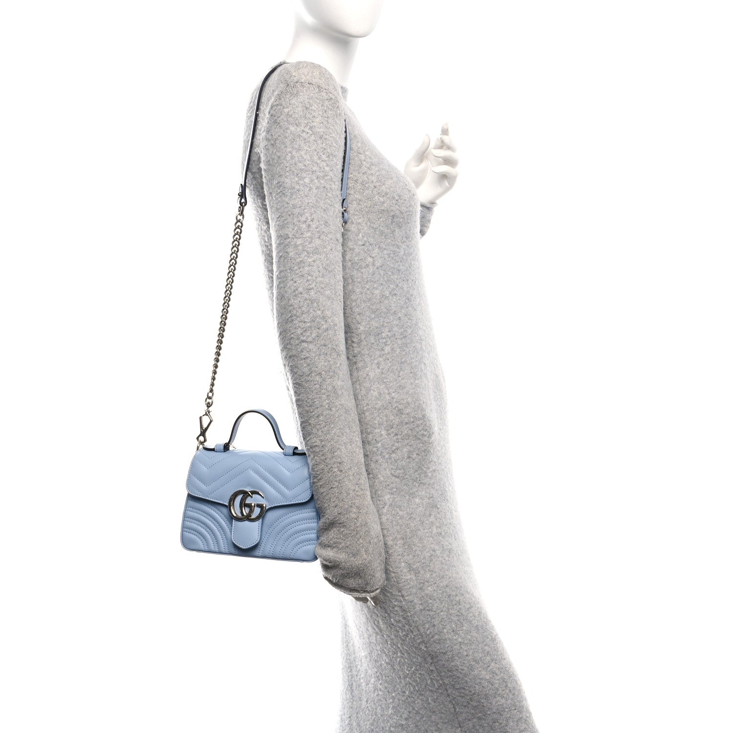 Gucci Calfskin Matelasse Mini GG Marmont Top Handle Shoulder Bag Porcelain Light Blue 2 of 10