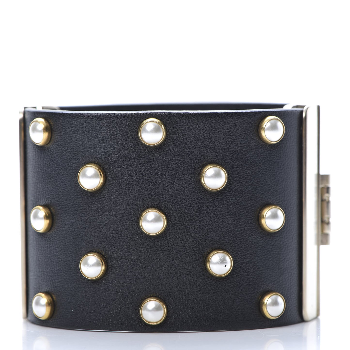 Lambskin Calfskin Pearl CC Cuff Bracelet Black Gold