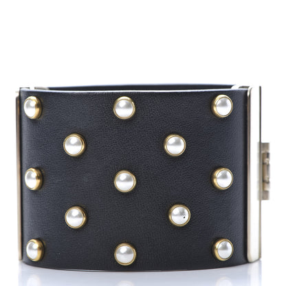 Chanel Lambskin Calfskin Pearl CC Cuff Bracelet Black Gold 3 of 7