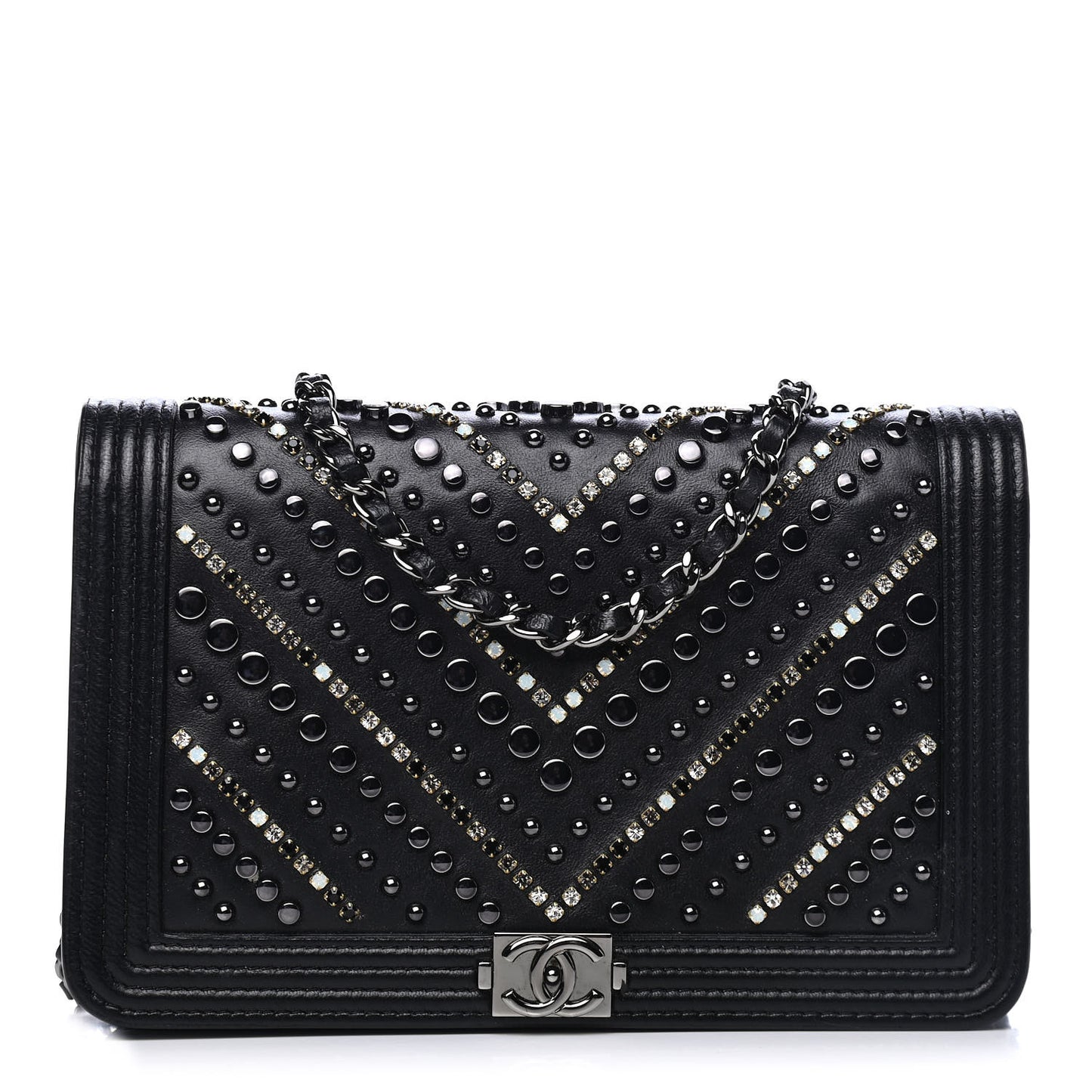 Calfskin Crystal Studded Chevron Boy Wallet On Chain WOC Black