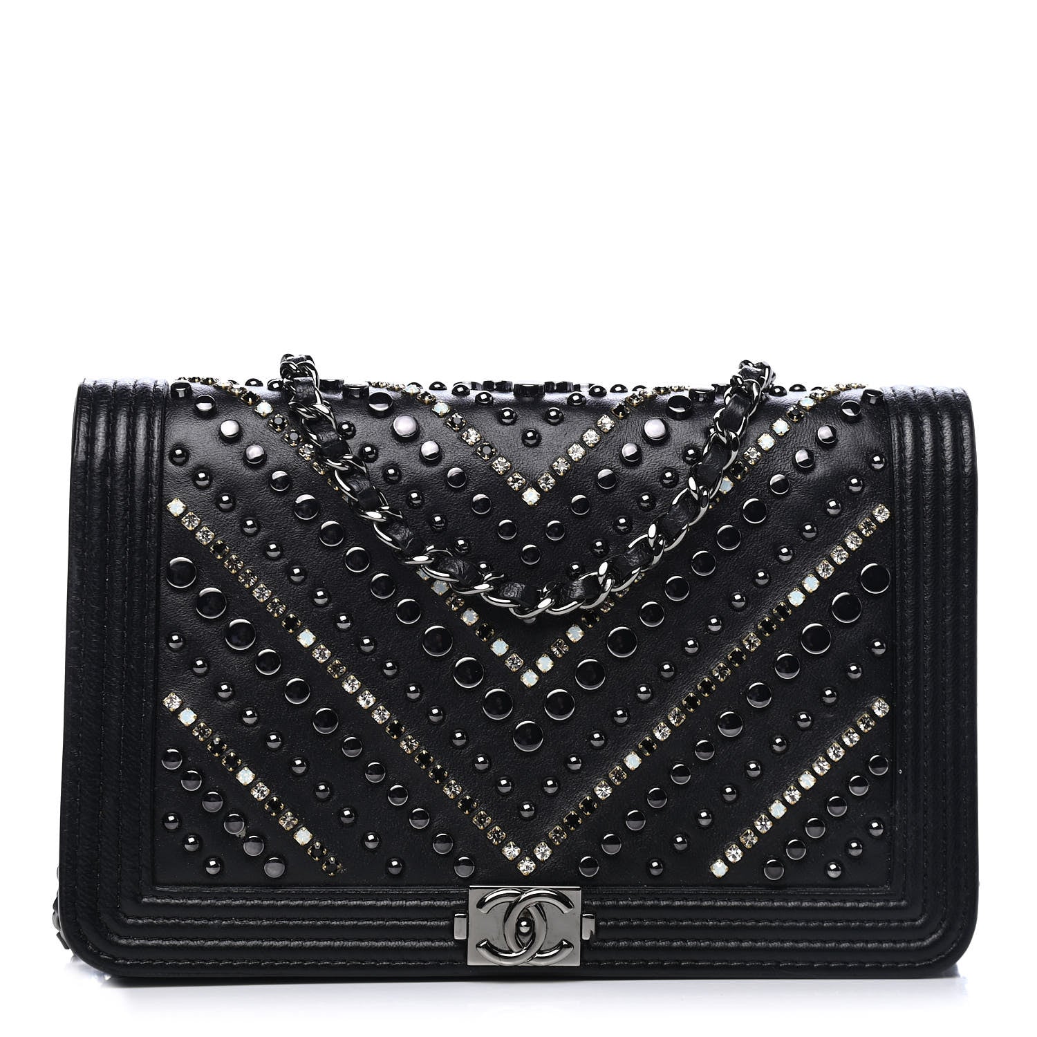 Chanel Calfskin Crystal Studded Chevron Boy Wallet On Chain WOC Black 1 of 4