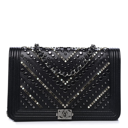 Chanel Calfskin Crystal Studded Chevron Boy Wallet On Chain WOC Black 1 of 4