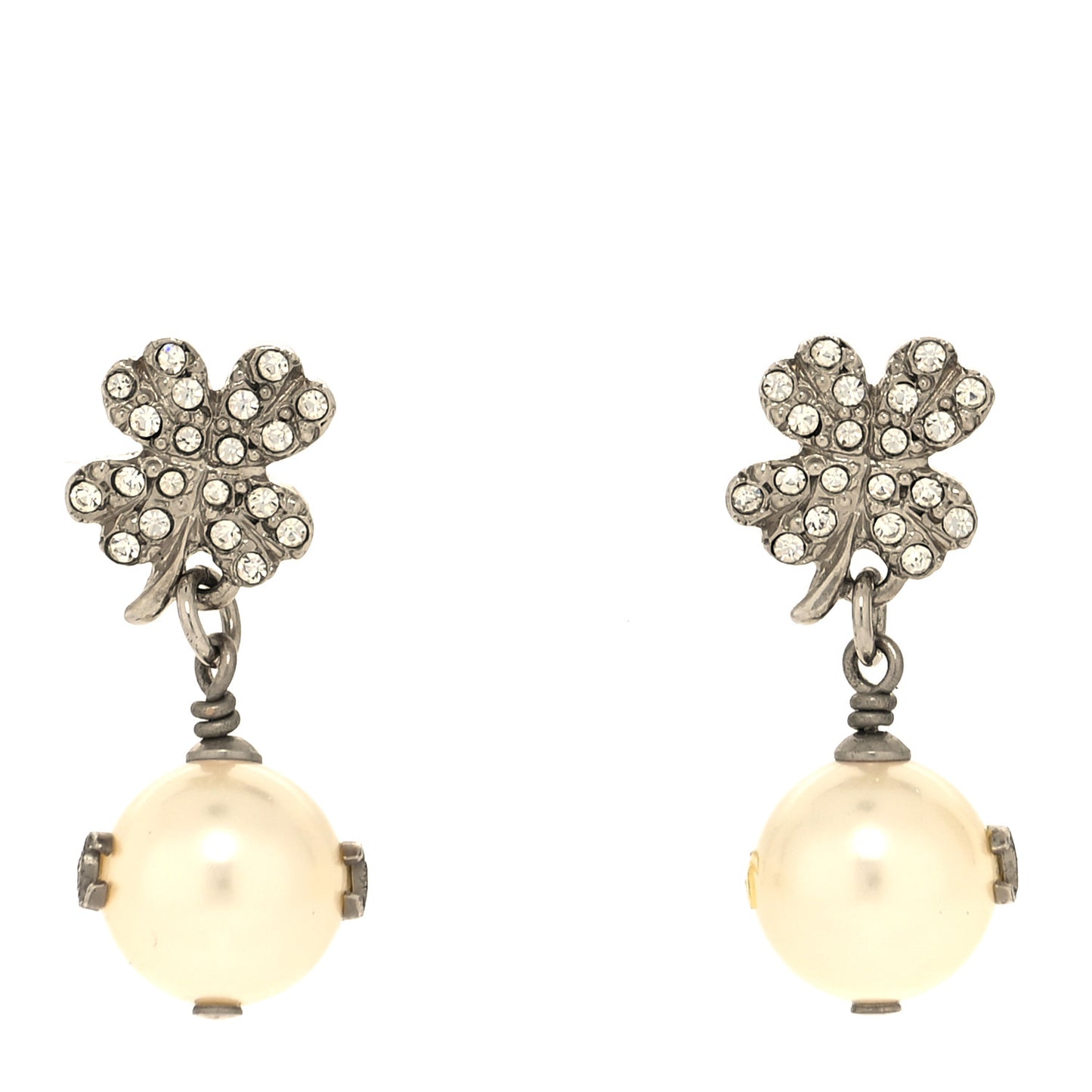 Crystal Pearl CC Clover Drop Earrings Silver
