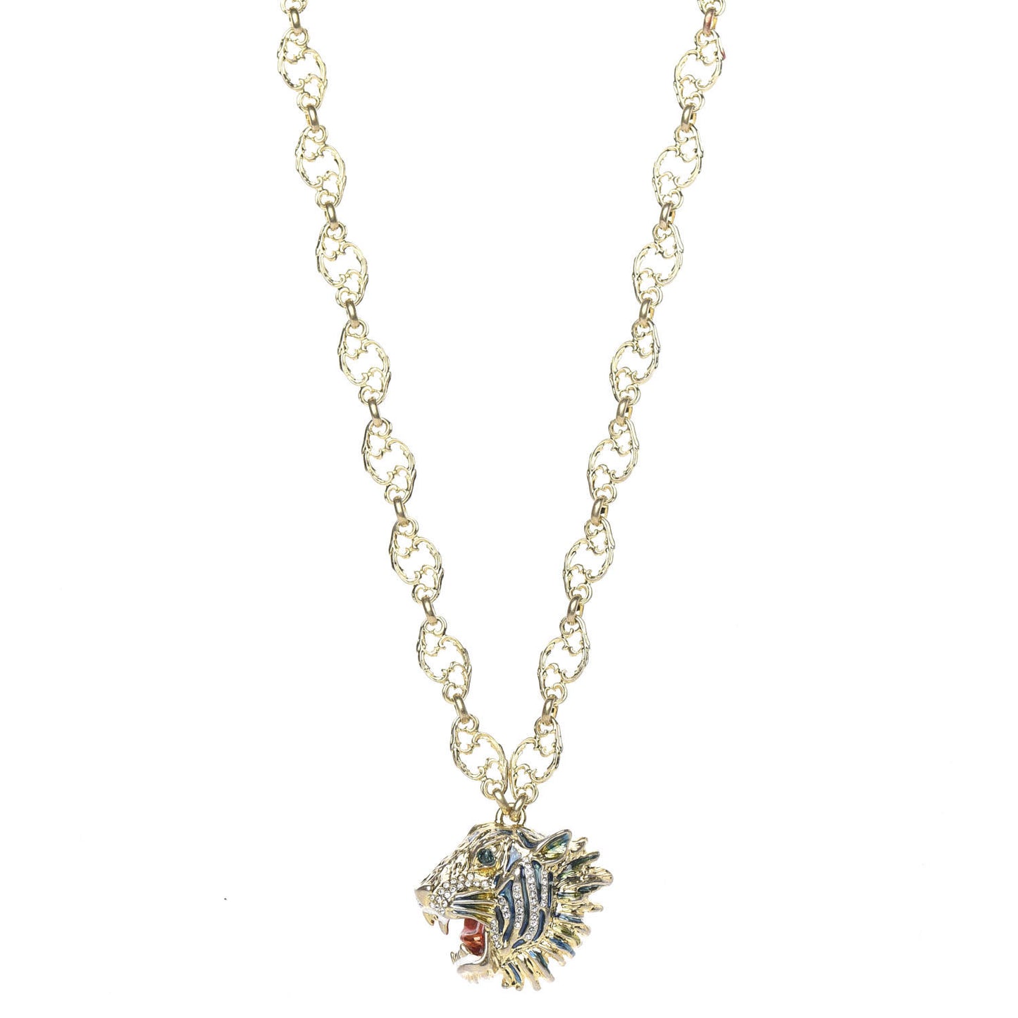 Metal Enamel Roaring Tiger Pendant Necklace Gold