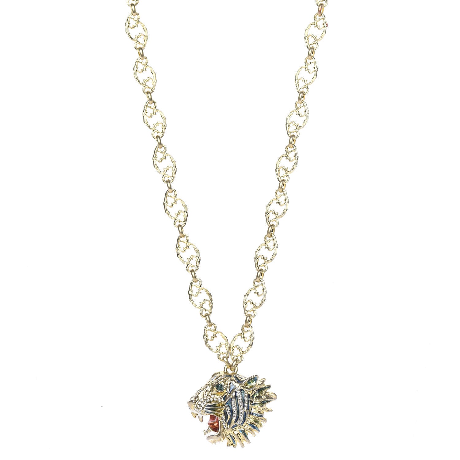 Gucci Metal Enamel Roaring Tiger Pendant Necklace Gold 1 of 4