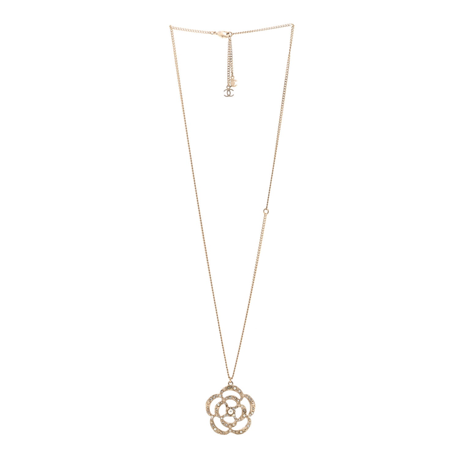 Chanel Crystal Pearl Camellia Necklace Gold 3 of 4