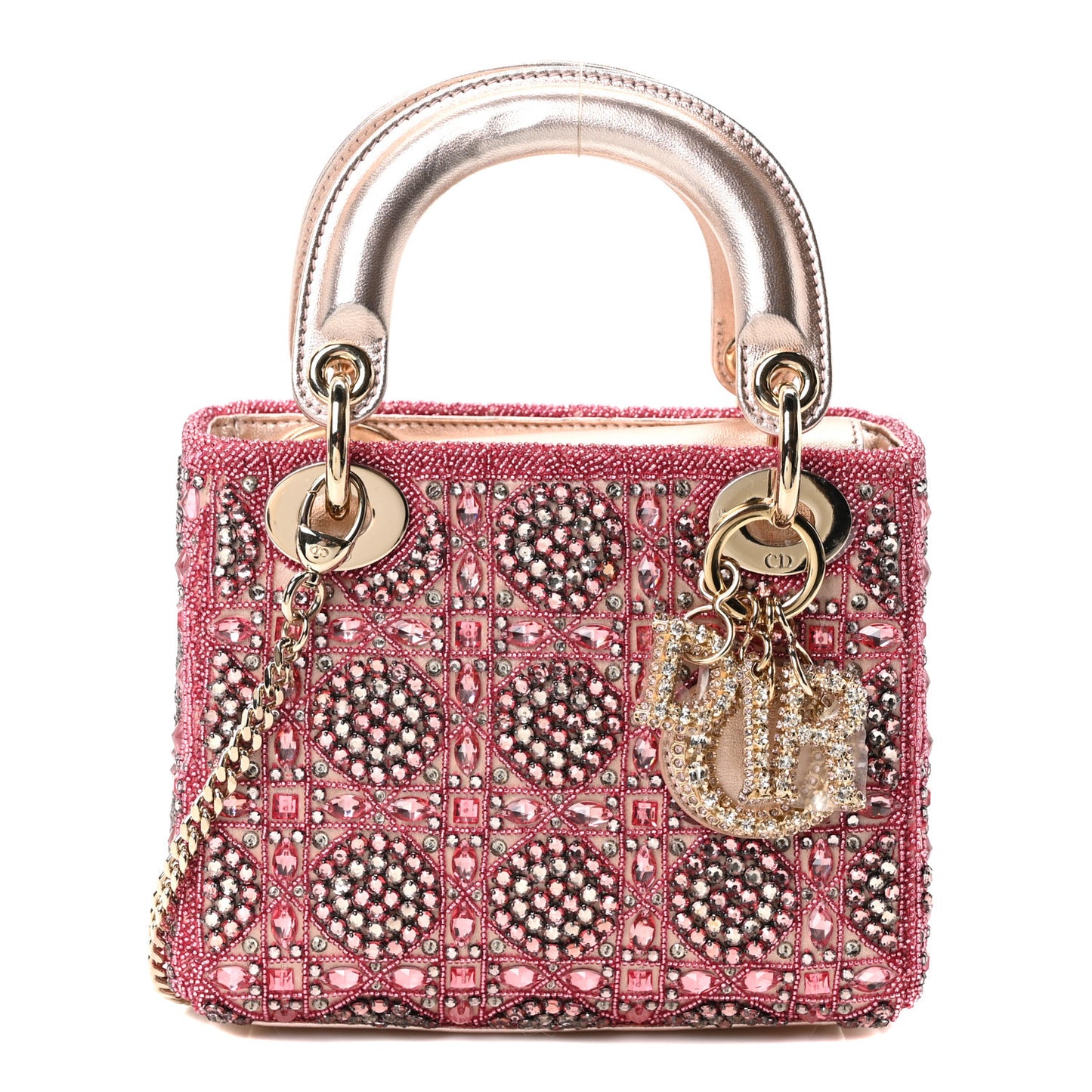 Metallic Calfskin Satin Celestial Bead Embroidery Cannage Mini Lady Dior Rose Des Vents