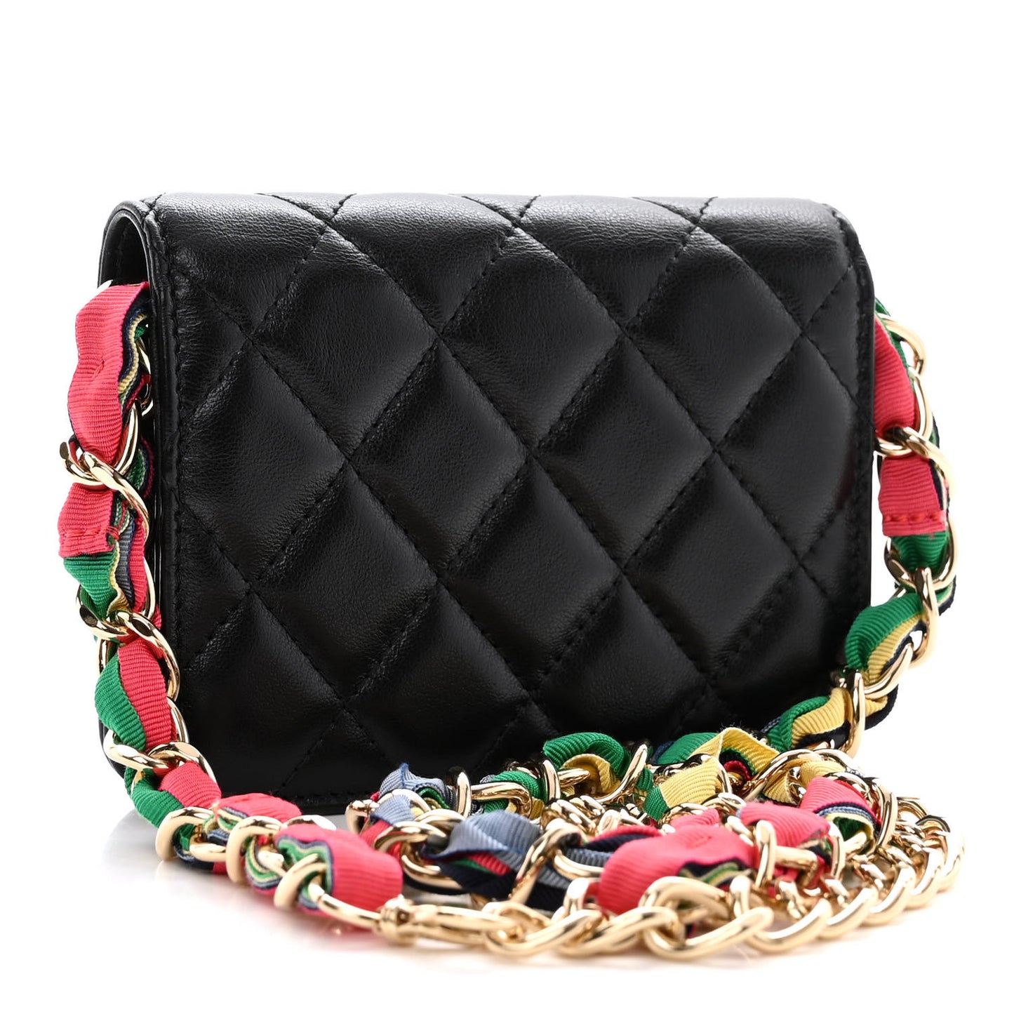 Shiny Lambskin Ribbon Quilted Flap Belt Bag Black