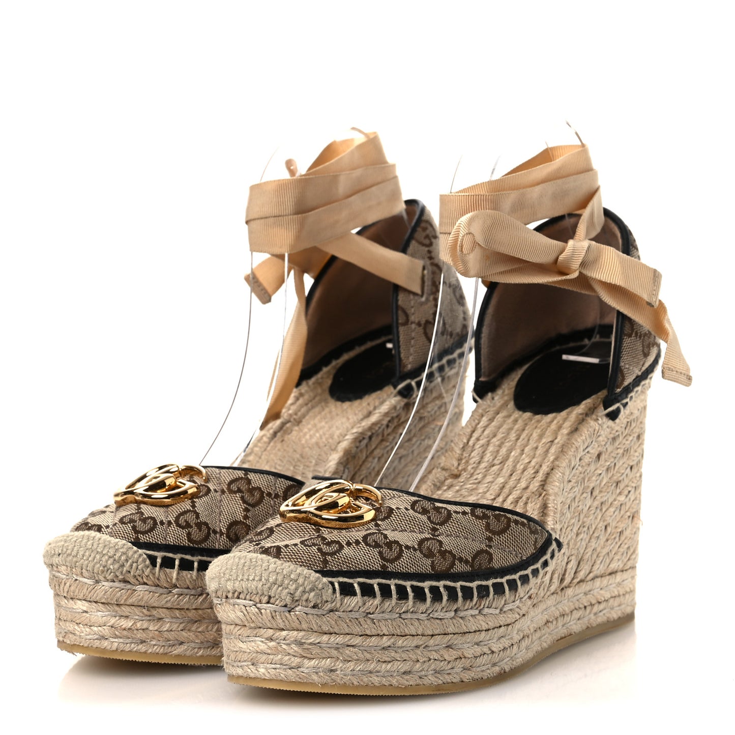 Monogram Matelasse GG Marmont Ankle Wrap Platform 35/120mm Espadrille Wedges 39 Beige Ebony Black Sand Storm
