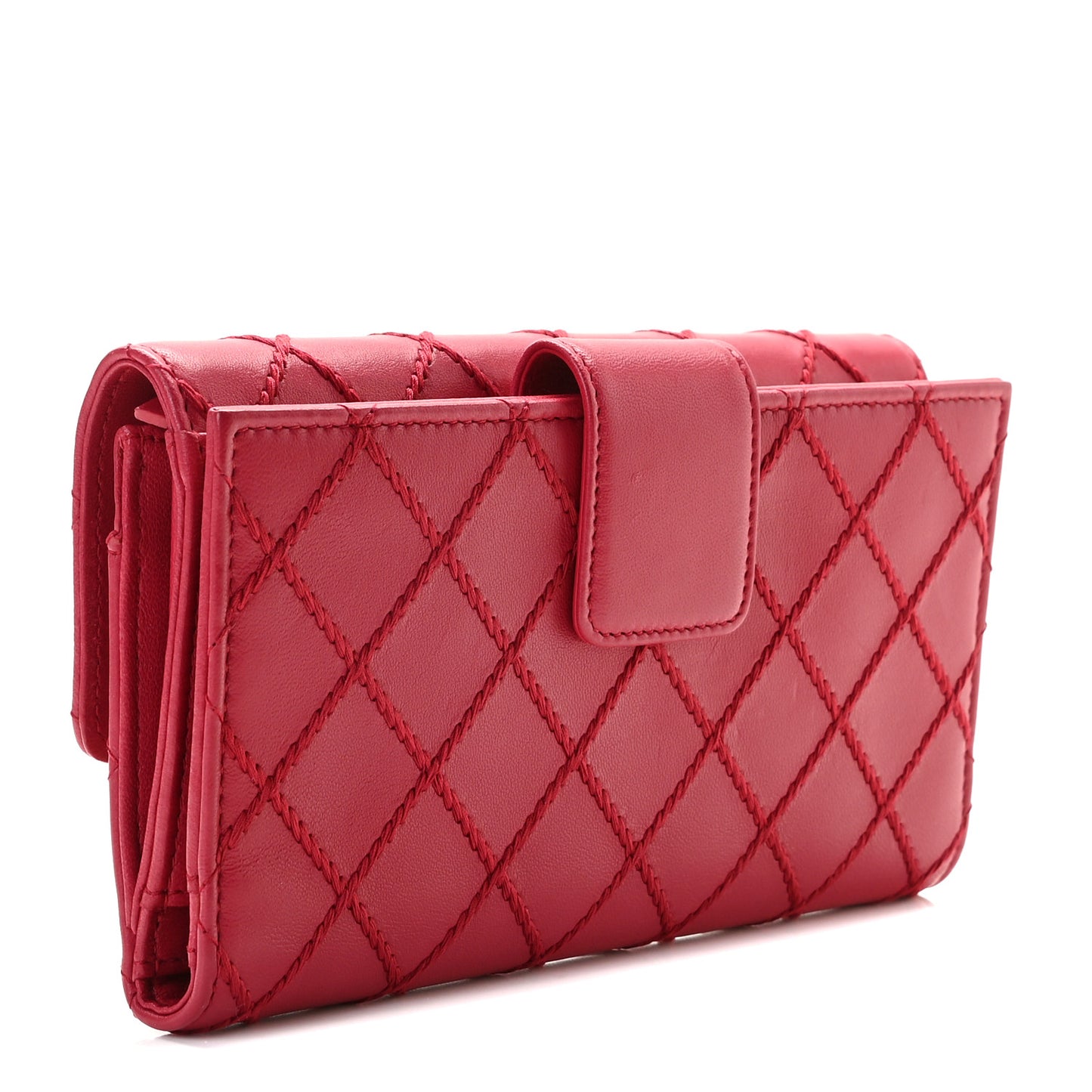Calfskin Stitched Fancy CC Long Double Wallet Rose Fonce