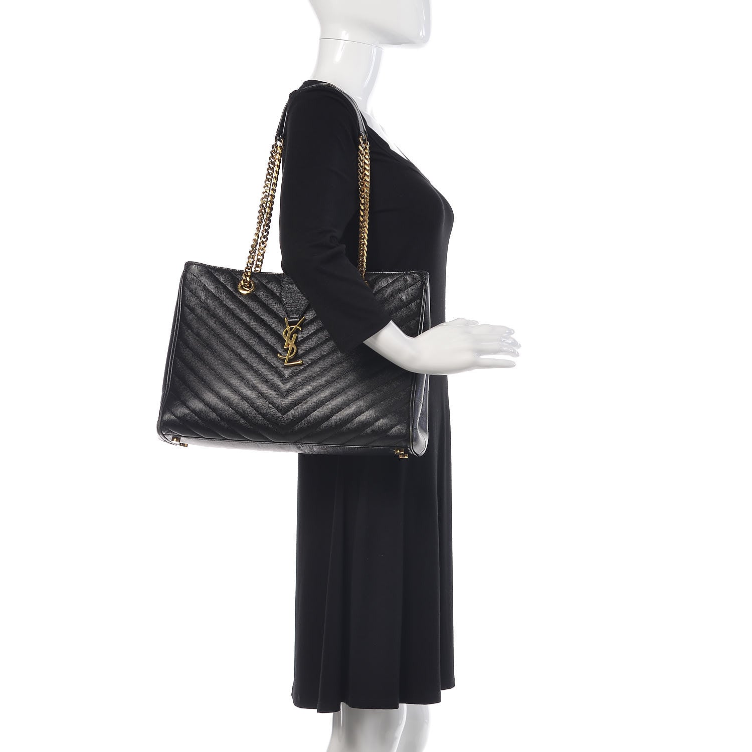Saint Laurent Grain De Poudre Matelasse Chevron Monogram Shopping Bag Black 2 of 18