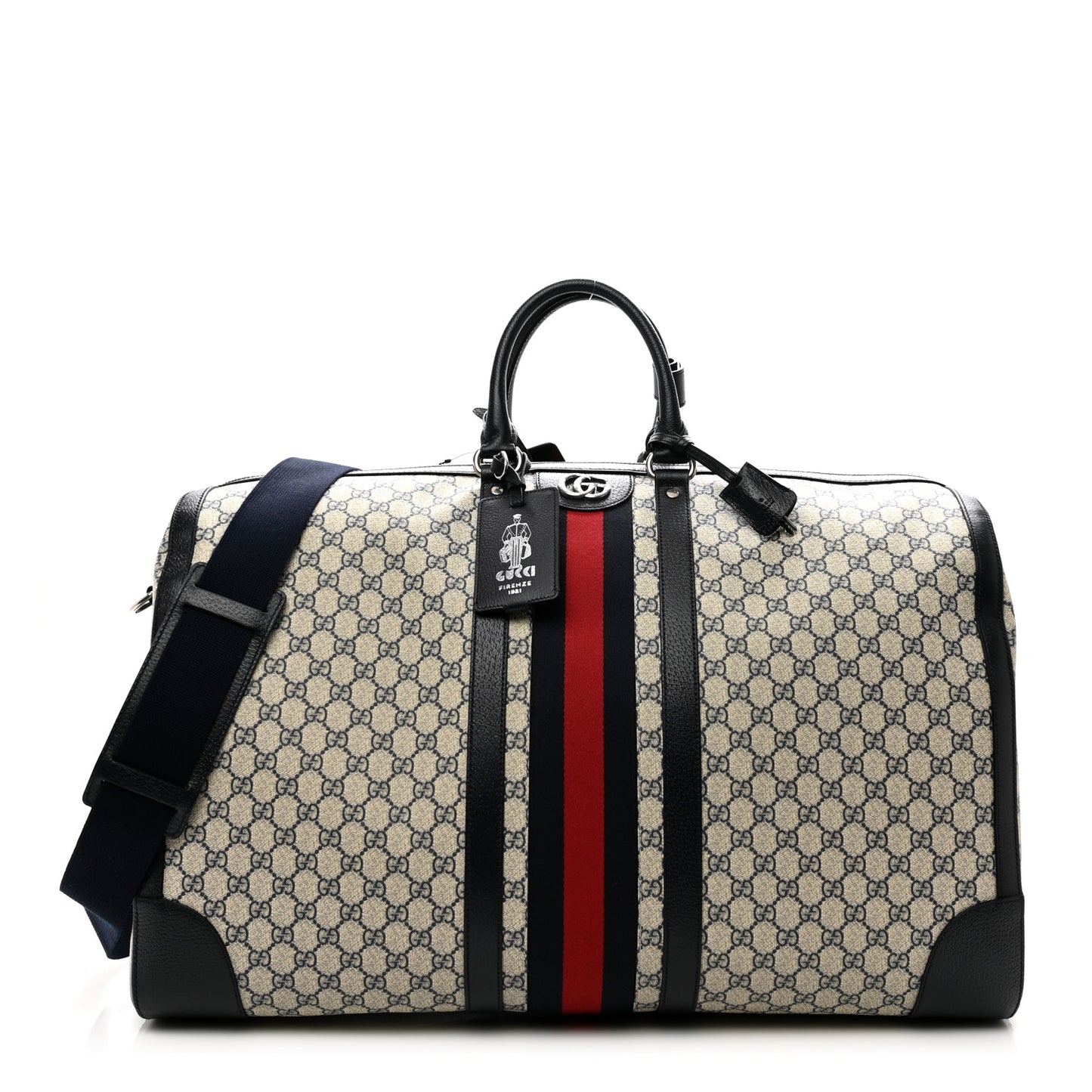 GG Supreme Monogram Textured Dollar Calfskin Web Large Savoy Duffle Bag Beige Blue