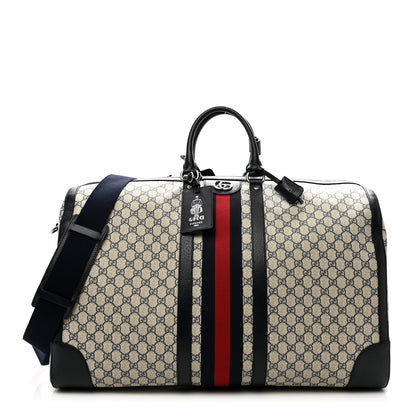 Gucci GG Supreme Monogram Textured Dollar Calfskin Web Large Savoy Duffle Bag Beige Blue 1 of 8