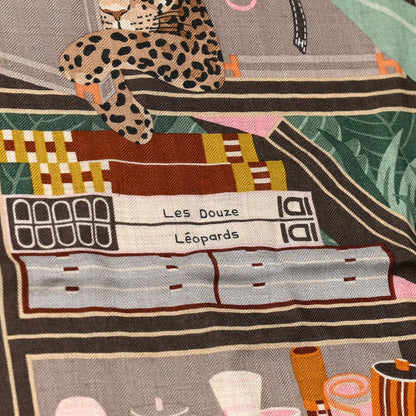 Hermes Cashmere Silk Les Douze Leopards Shawl 140 Naturel Vert Vieux 3 of 6