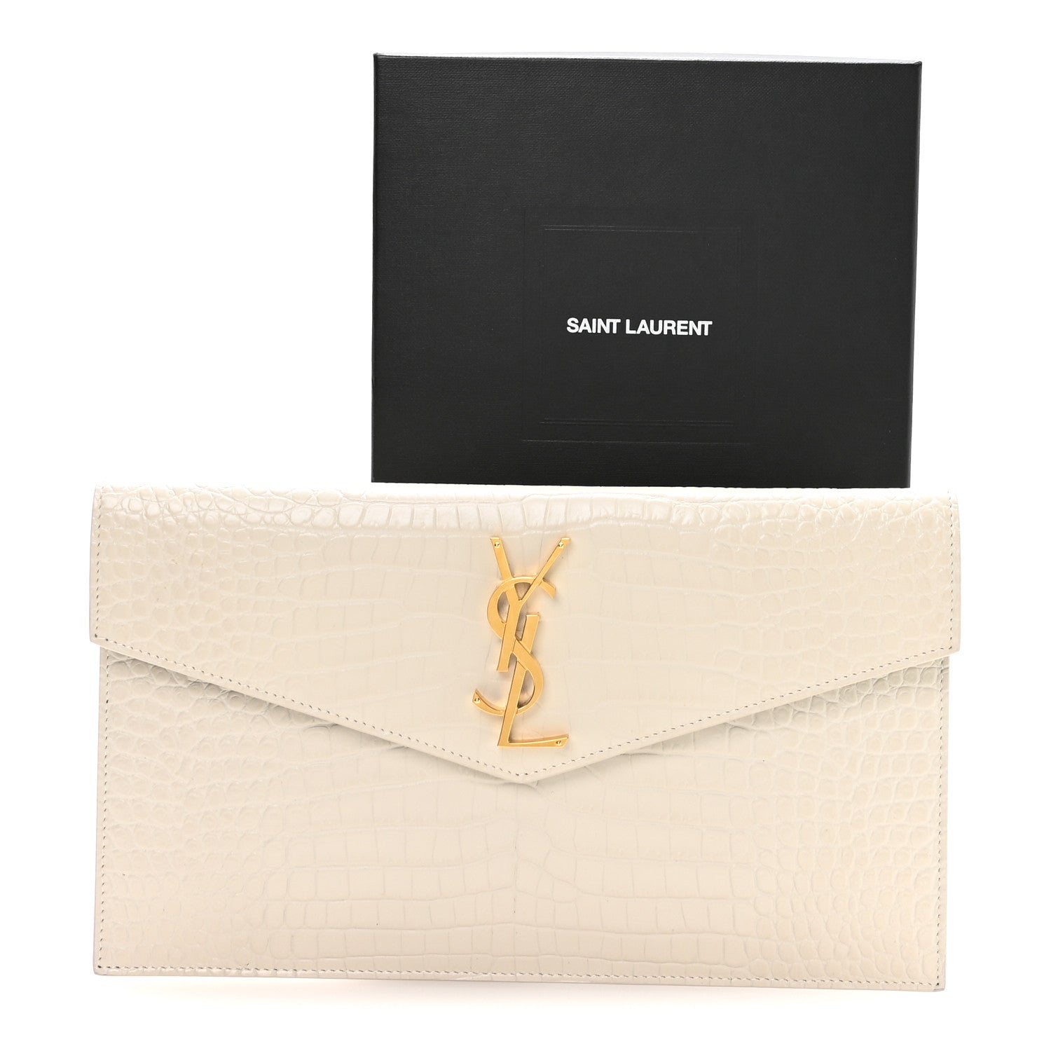 Saint Laurent Calfskin Crocodile Embossed Uptown Monogram Pouch Crema Soft 8 of 8