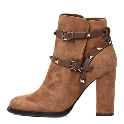 Valentino Garavani Suede Rockstud Double Buckle 100mm Block Heel Ankle Boots 36.5 Nocciola 1 of 5