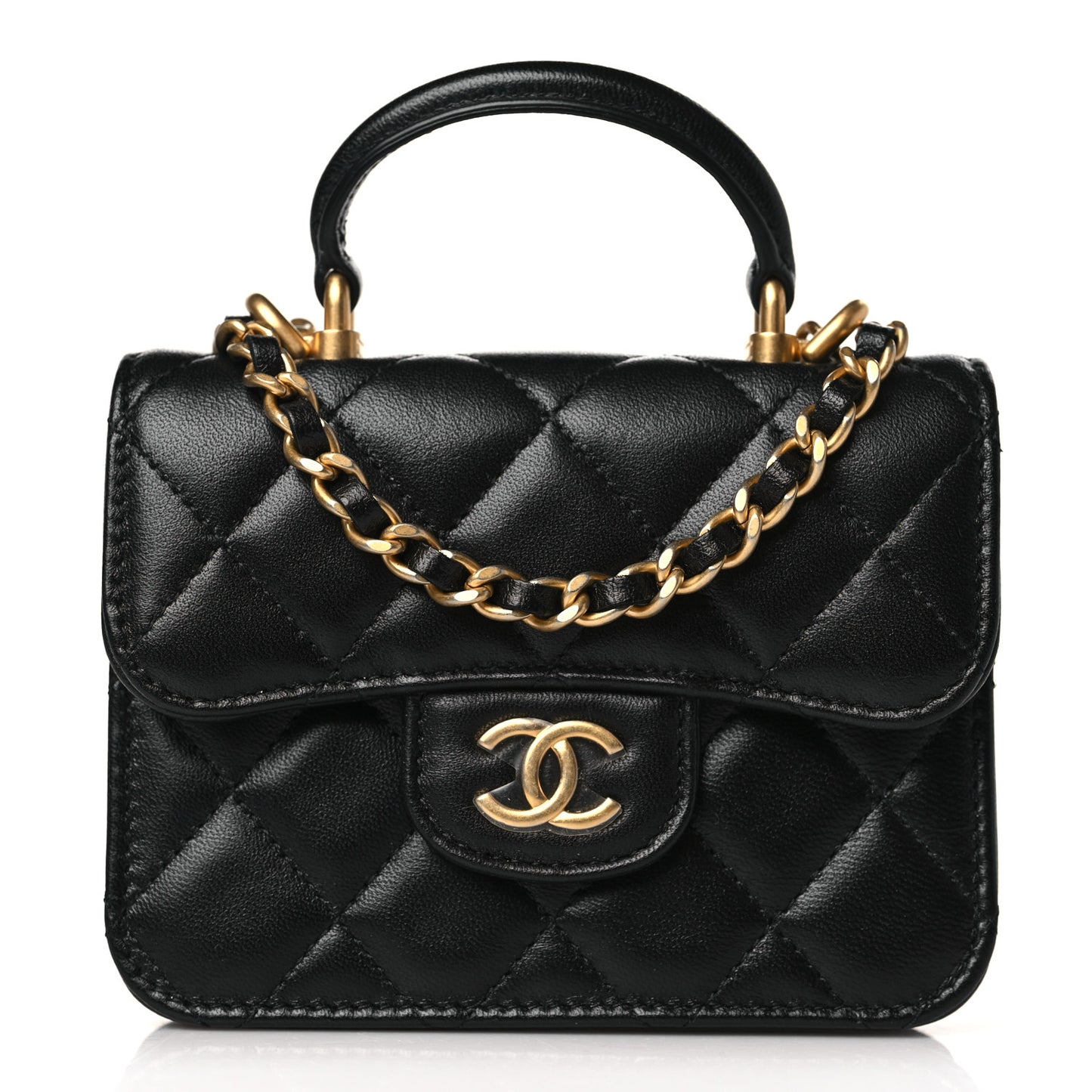 Lambskin Quilted Top Handle Flap Coin Purse With Chain Black