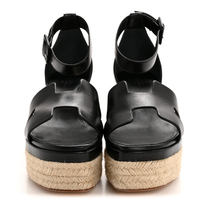 Hermes Goatskin Elda Espadrille Wedge Sandals 38 Black 3 of 9