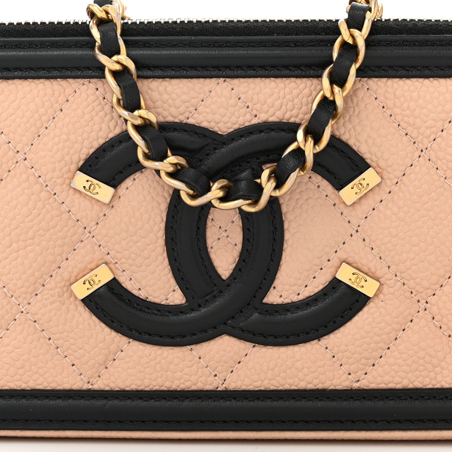 Chanel Caviar Quilted CC Filigree Clutch With Chain Beige Black 9 of 12