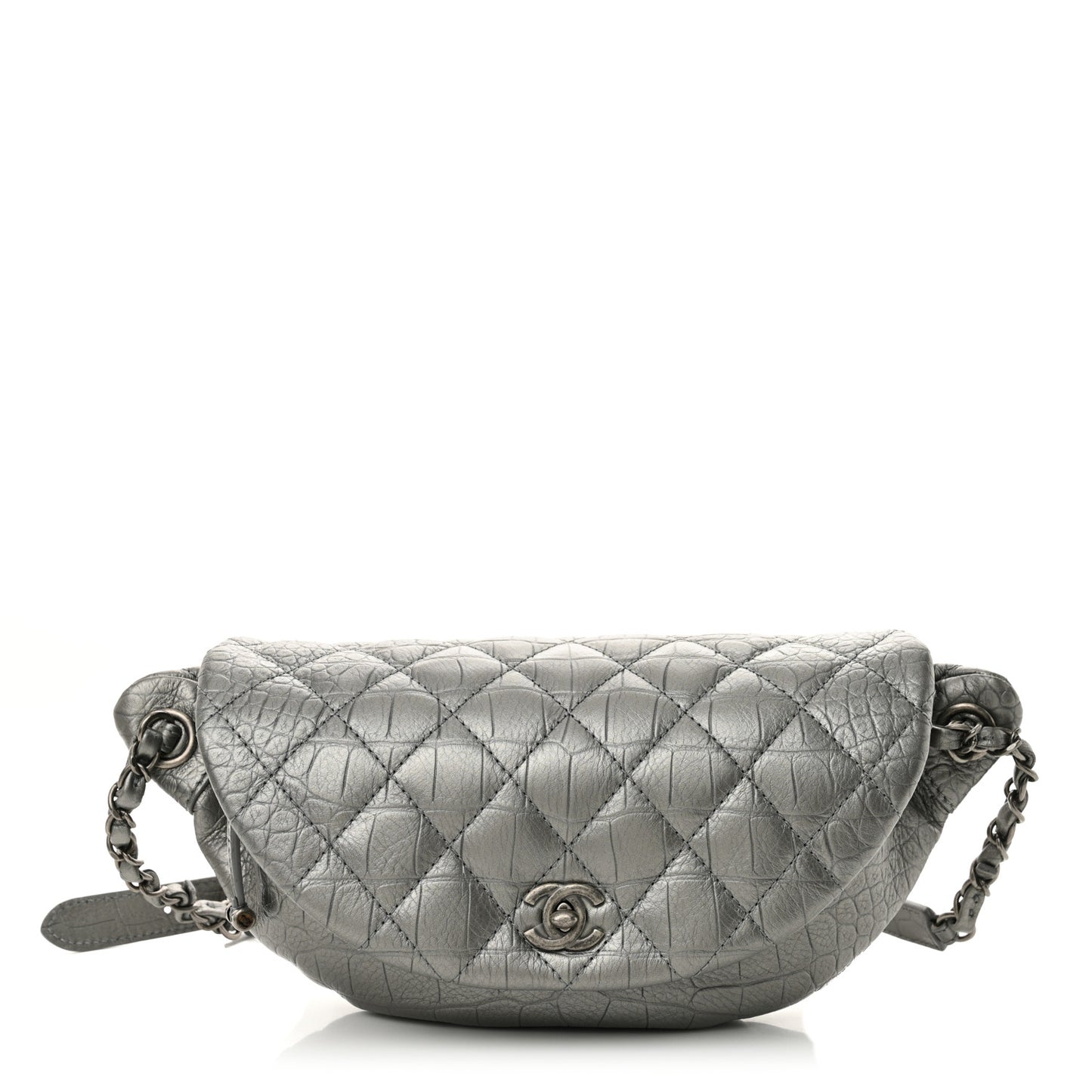 Metallic Calfskin Crocodile Embossed Quilted Easy Trip Waist Bag Fanny Pack Silver