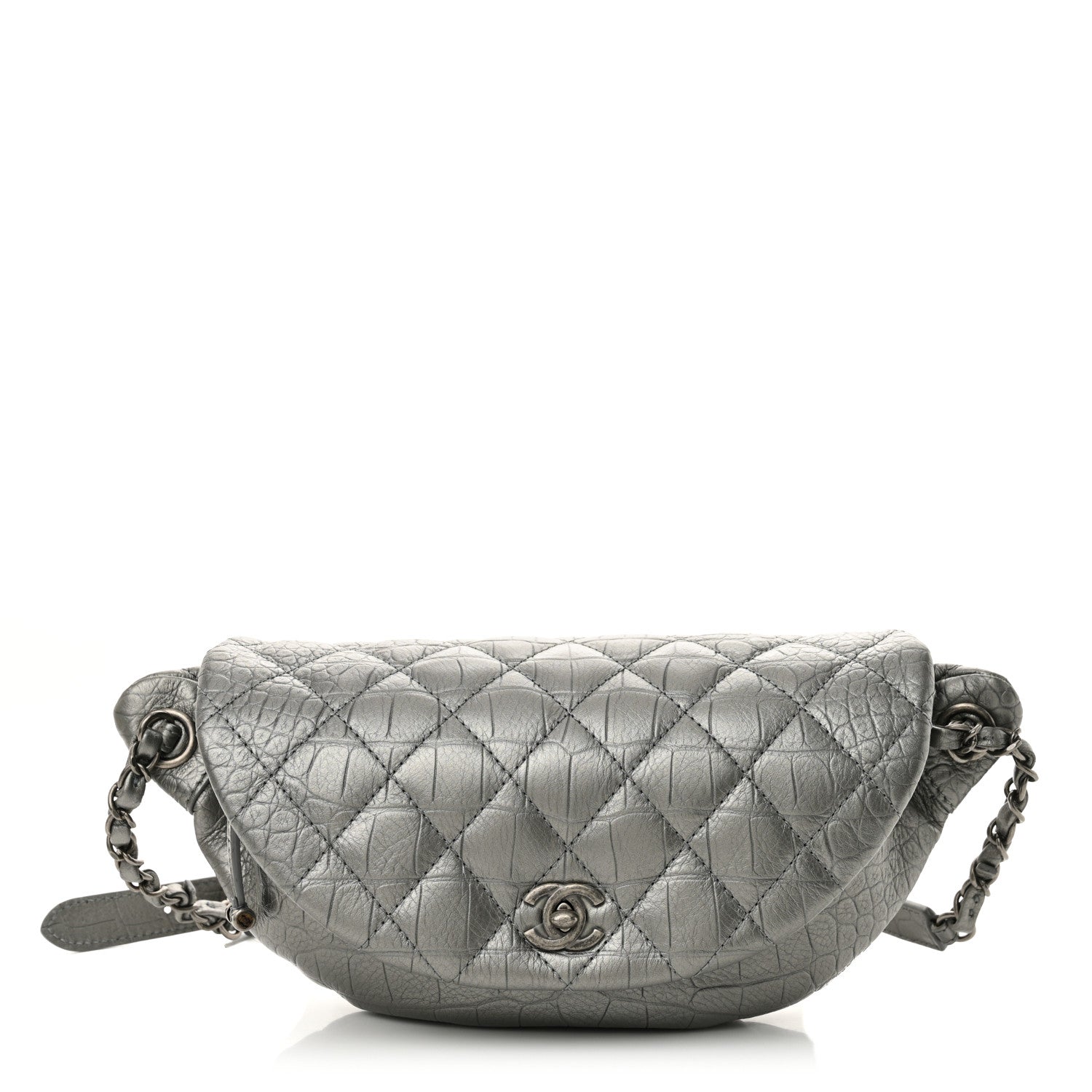 Chanel Metallic Calfskin Crocodile Embossed Quilted Easy Trip Waist Bag Fanny Pack Silver 1 of 10