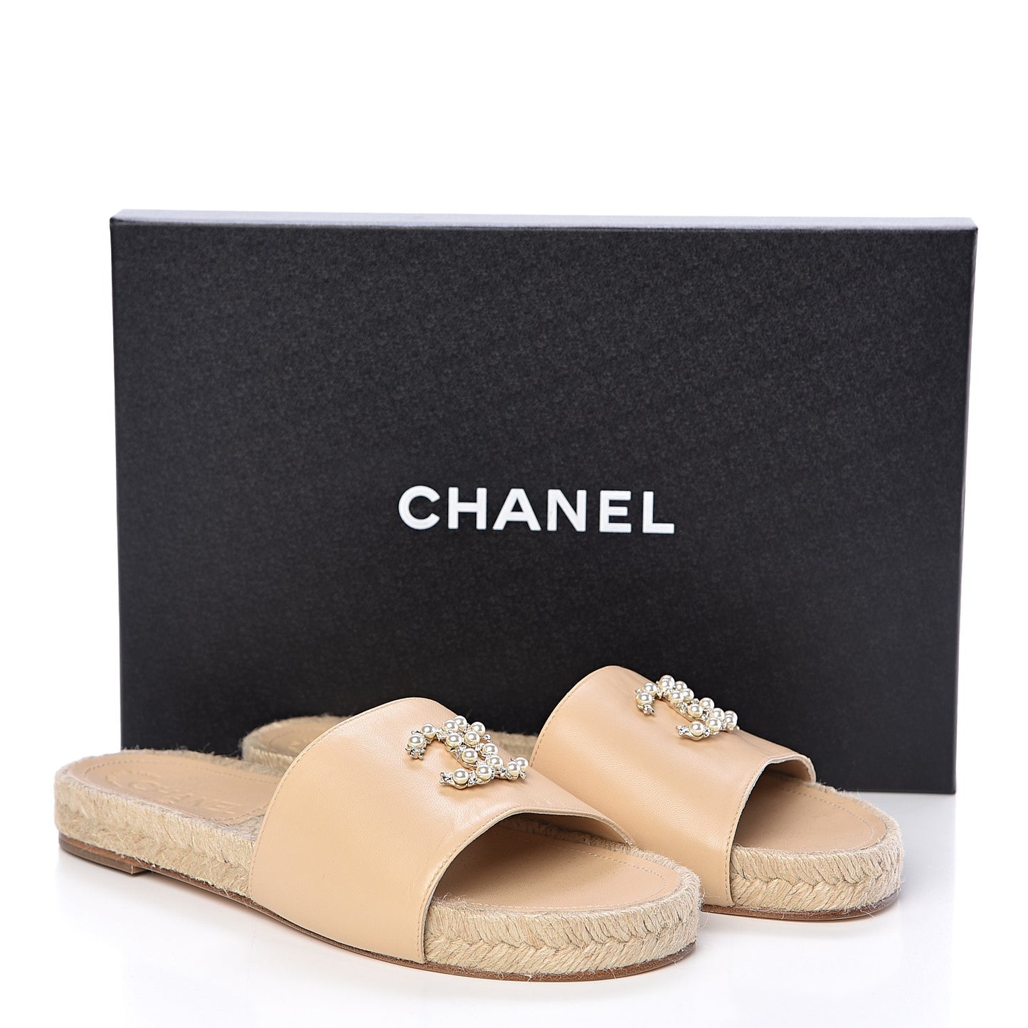Lambskin Pearl CC Espadrille Slip On Sandals 37 Beige