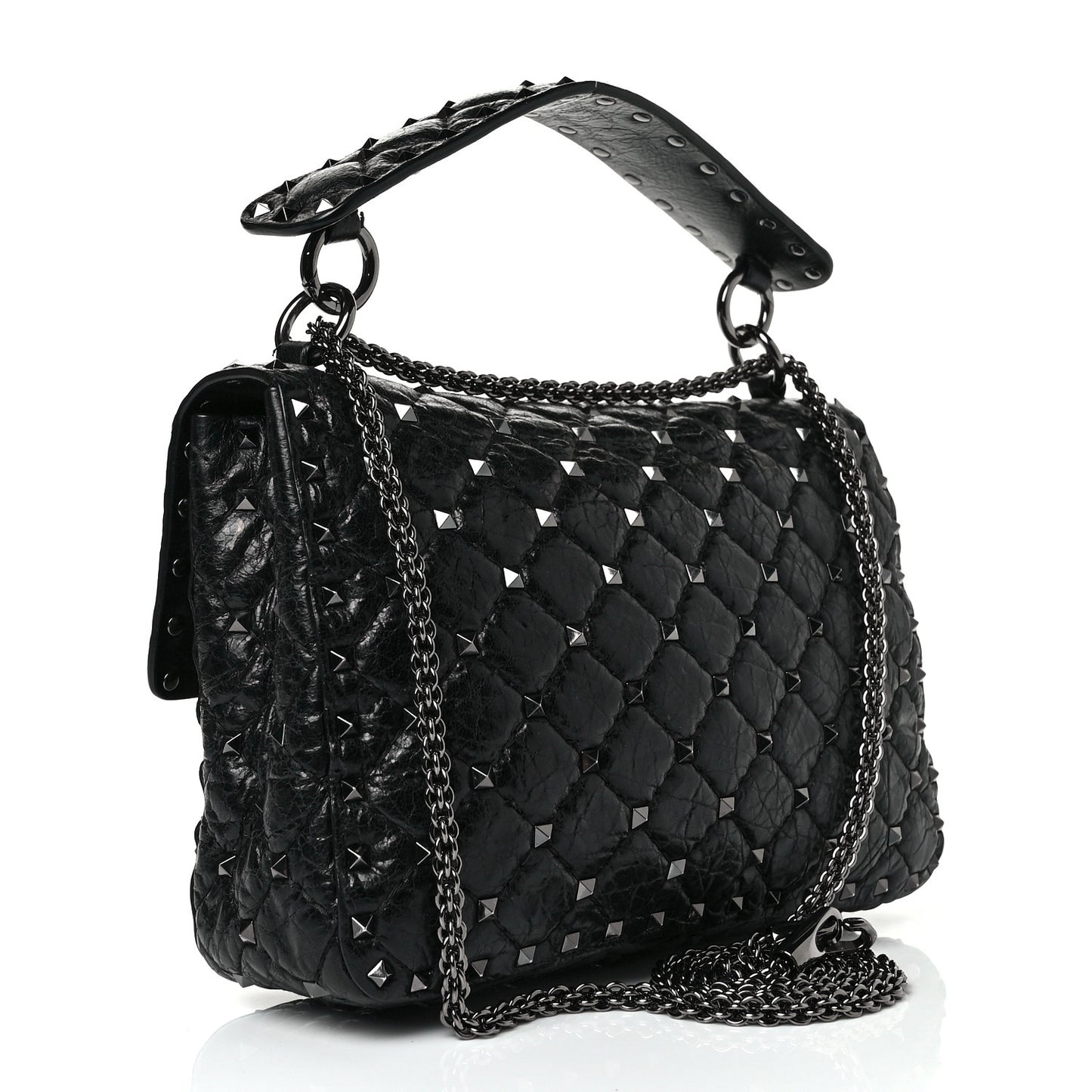 Craquele Nappa Medium Rockstud Spike Shoulder Bag Black