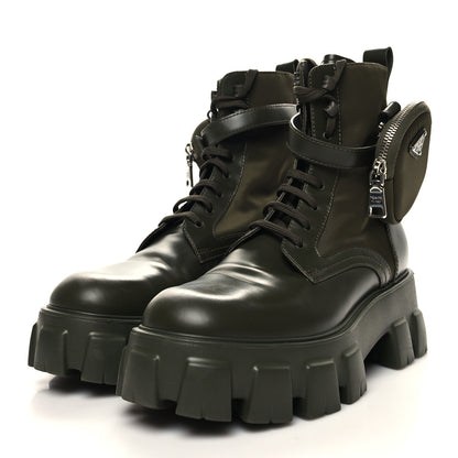 Prada Spazzolato Rois Re-Nylon Metal Triangle Logo Monolith Pouch Pocket 55mm Boots 40.5 Militare 3 of 9