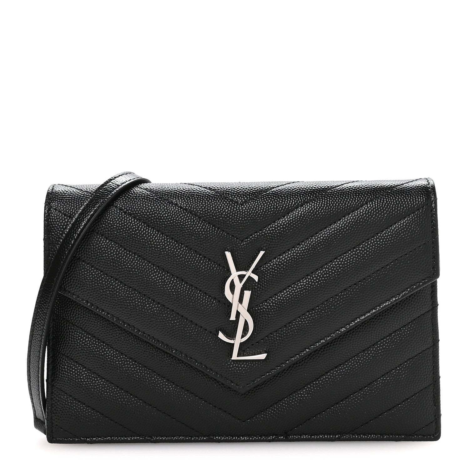 Saint Laurent Grain De Poudre Matelasse Chevron Monogram Envelope Chain Wallet Black 1 of 9