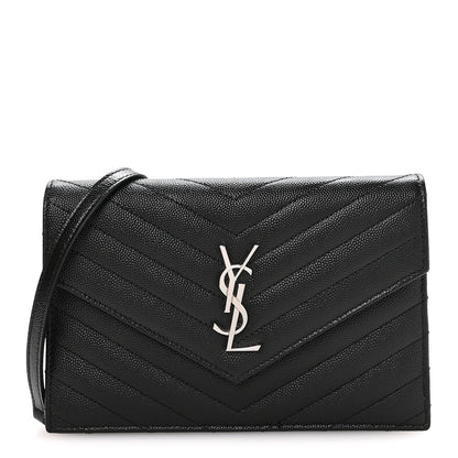 Saint Laurent Grain De Poudre Matelasse Chevron Monogram Envelope Chain Wallet Black 1 of 9