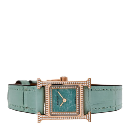 Hermes 18K Rose Gold Alligator Diamond Bezel Amazonite 17.2mm Heure H Hour Quartz Watch Bleu Aqua 2 of 5
