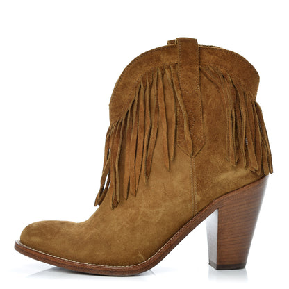 Saint Laurent Suede New Western 80 Fringe Ankle Boots 37 Tan 1 of 9