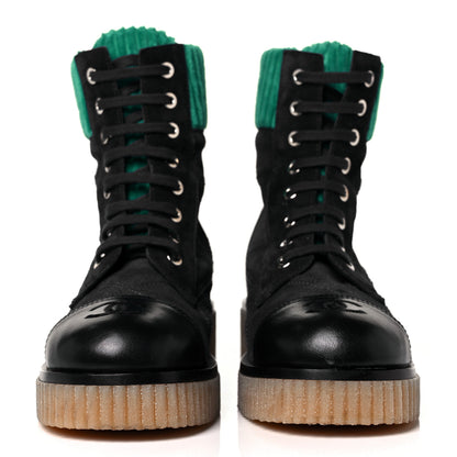 Chanel Suede Calfskin Velvet Quilted CC Combat Boots 36 Navy Green Black 2 of 6