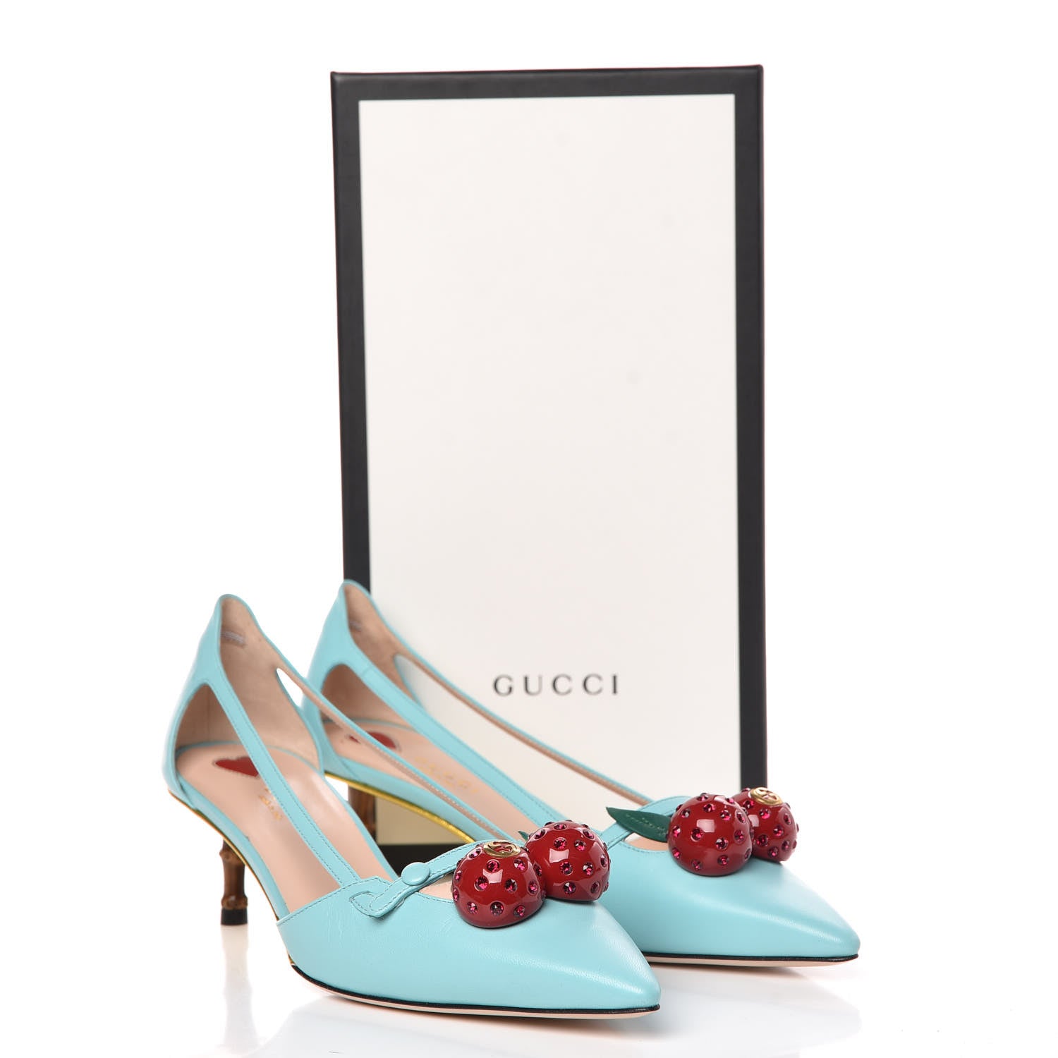Gucci Malaga Kid Unia Cherry Pumps 38.5 New Acquamarine Emerald Cocoa 9 of 9