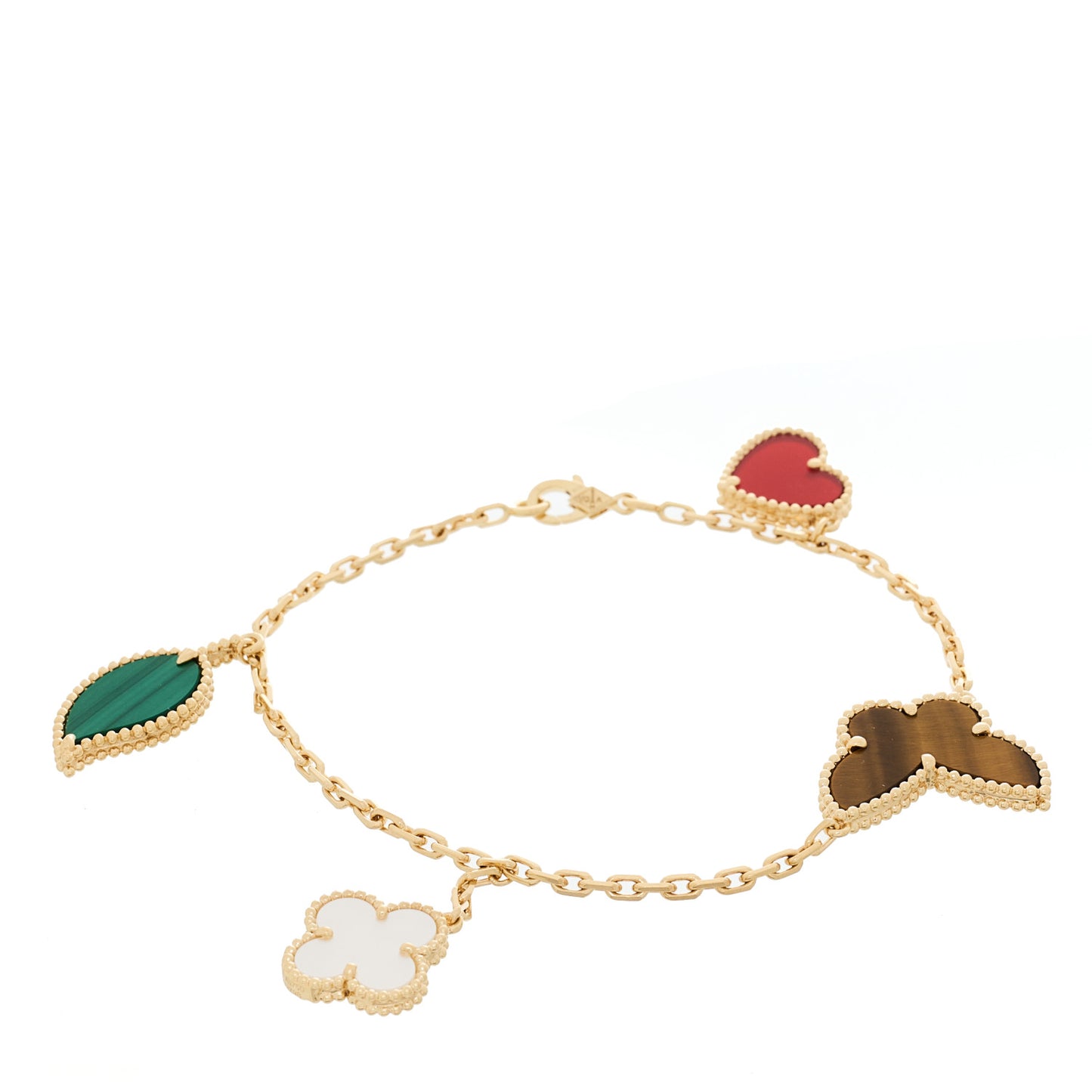 18K Yellow Gold Mother of Pearl Malachite Carnelian Tiger Eye 4 Motifs Lucky Alhambra Bracelet