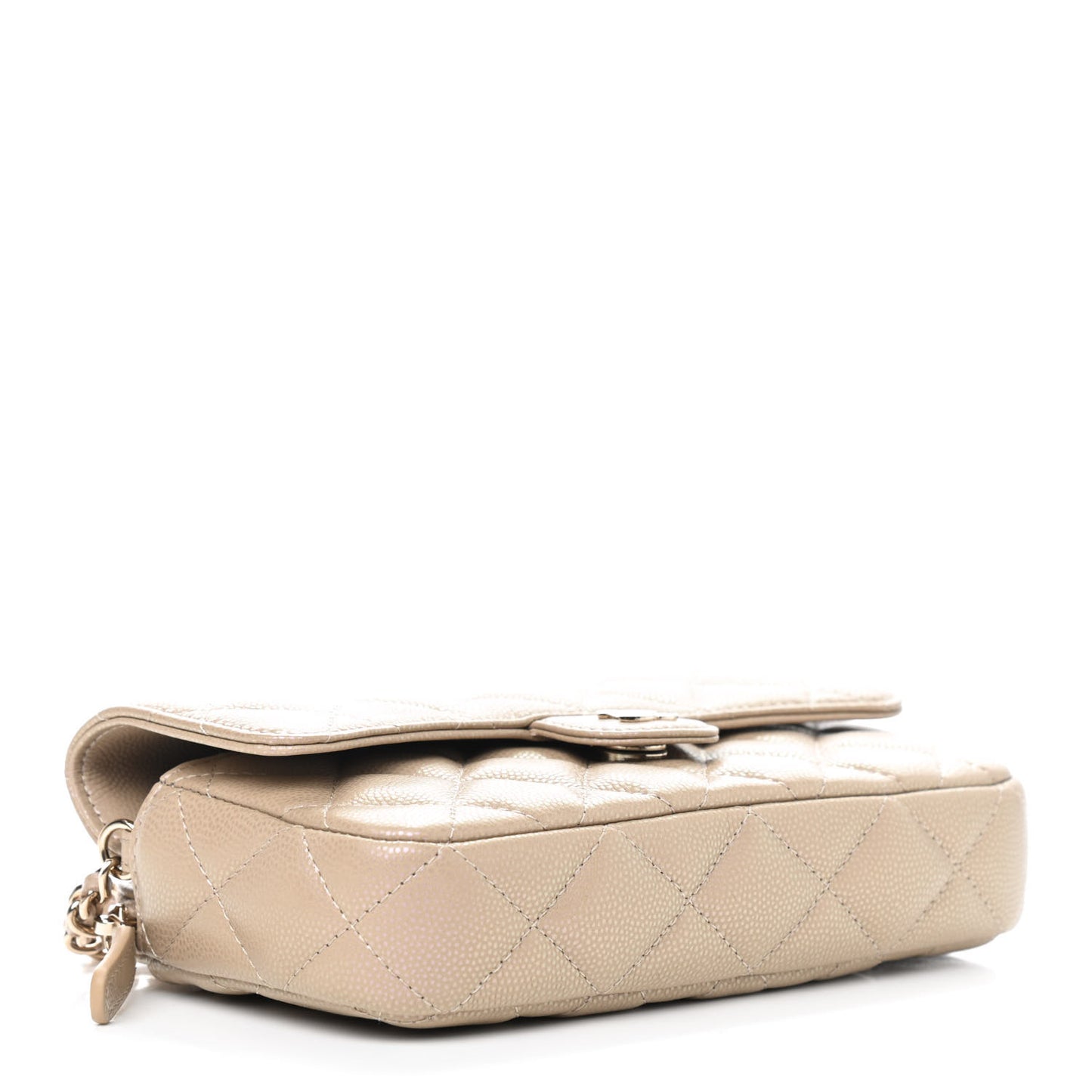 Iridescent Caviar Quilted Flap Phone Holder With Chain Beige