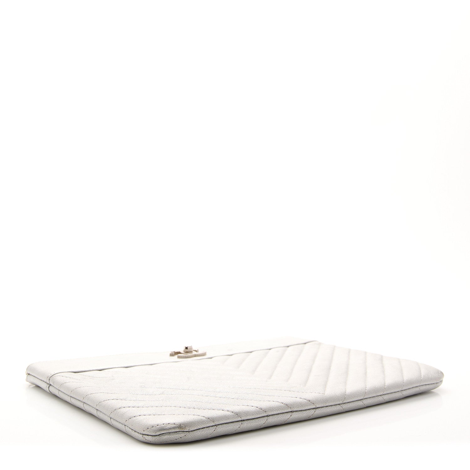 Chanel Metallic Sheepskin Chevron Quilted Mademoiselle Vintage Large Zip Pouch Silver 3 of 11
