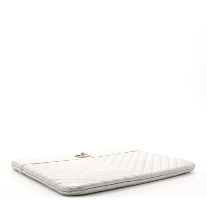 Chanel Metallic Sheepskin Chevron Quilted Mademoiselle Vintage Large Zip Pouch Silver 3 of 11