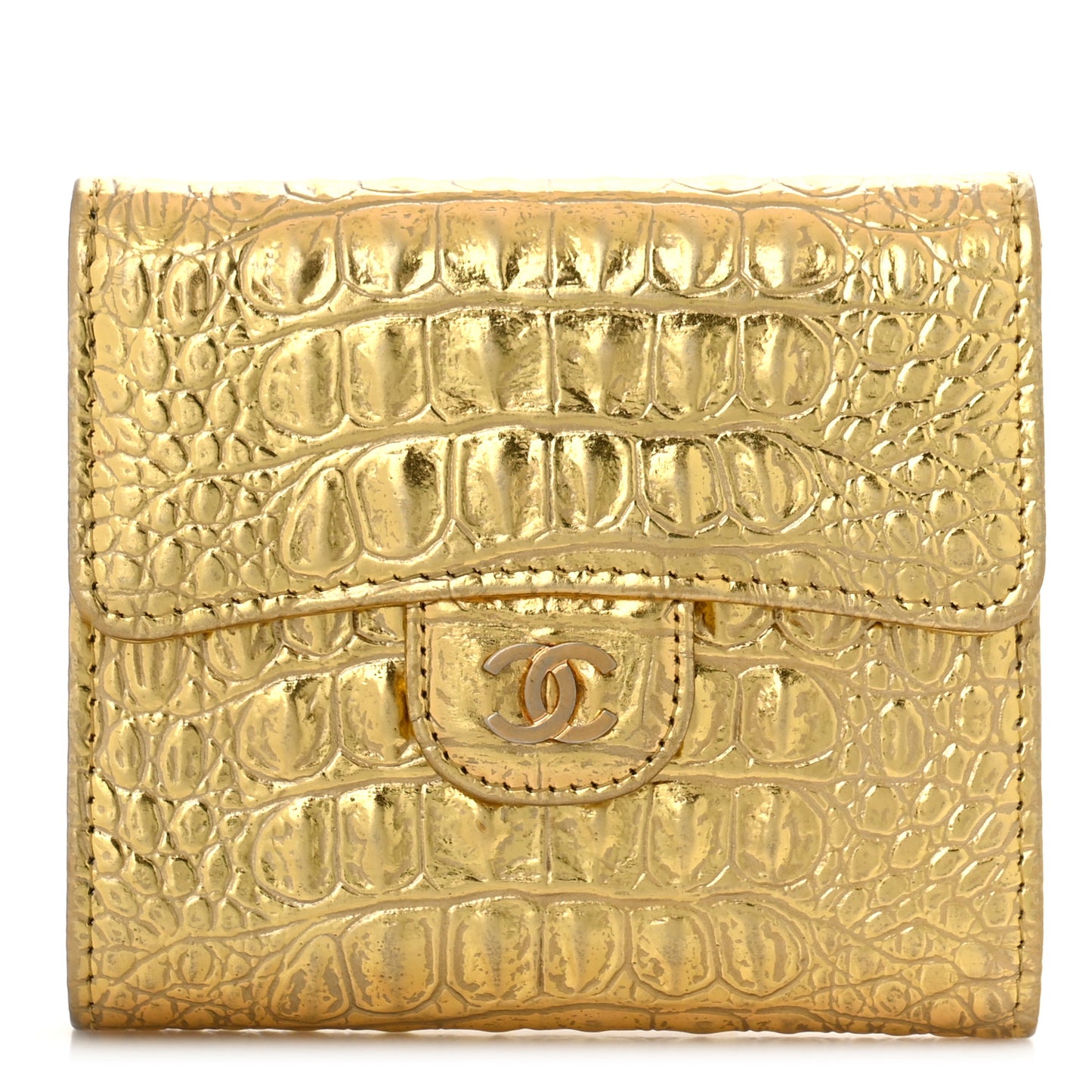 Metallic Calfskin Crocodile Embossed Cocodile Compact Flap Wallet Gold