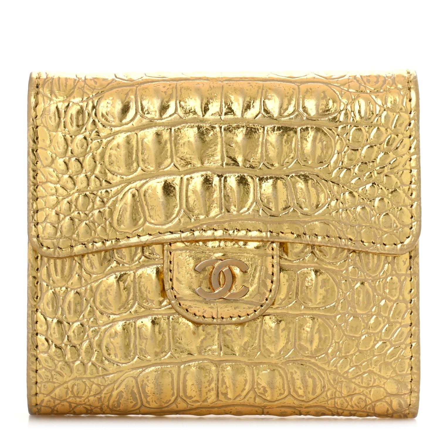 Chanel Metallic Calfskin Crocodile Embossed Cocodile Compact Flap Wallet Gold 1 of 10