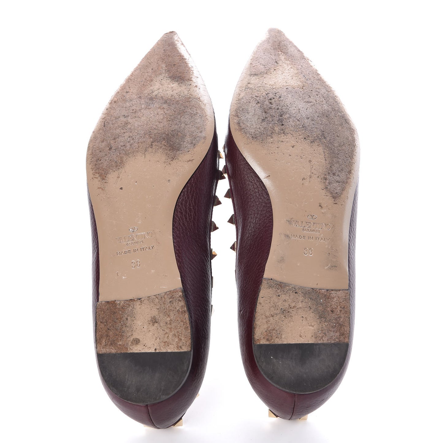 Pebbled Calfskin Rockstud Ballerina Flats 38 Rubin