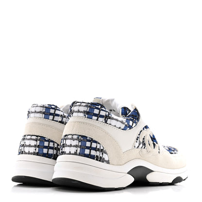 Chanel Tweed Suede Calfskin Womens CC Sneakers 38 Dark Blue Black Grey White 5 of 12