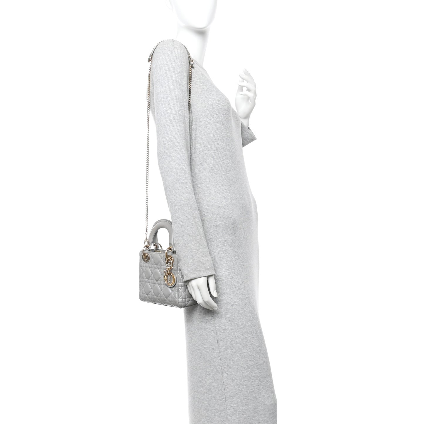Metallic Lambskin Cannage Mini Lady Dior Grey
