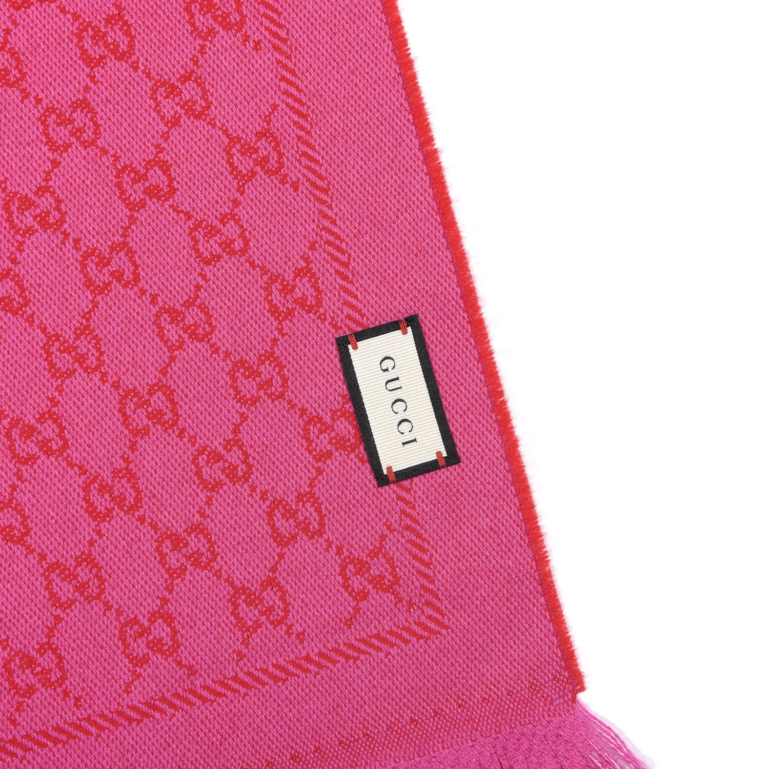 Gucci Wool Jacquard GG Monogram Reversible New Sten Fringe Scarf Red Pink 2 of 5
