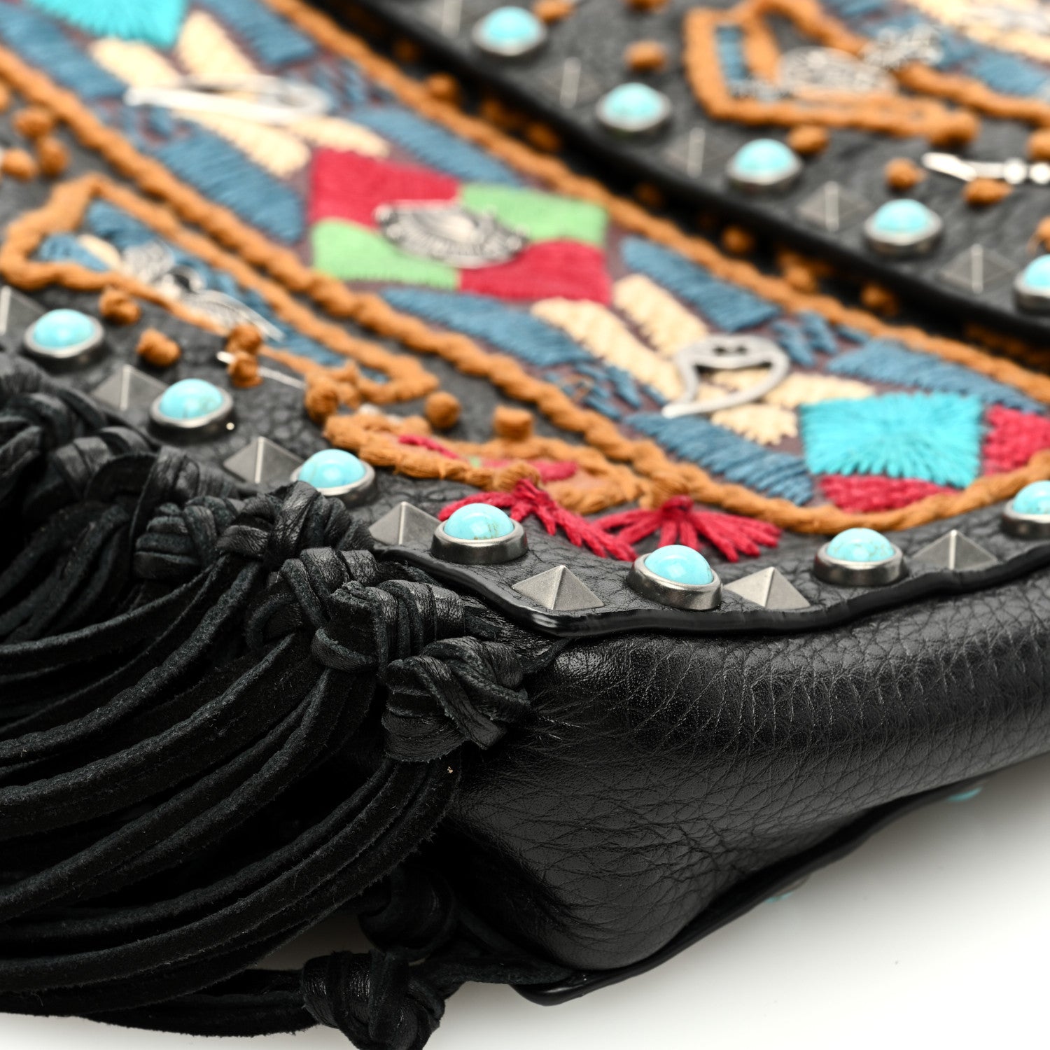 Valentino Garavani Pebbled Calfskin Embroidered Rockstud Rolling Fringe Messenger Black 9 of 10