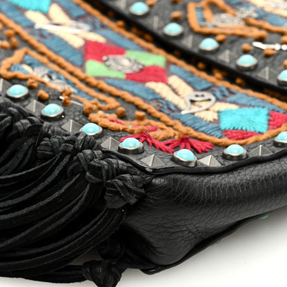 Valentino Garavani Pebbled Calfskin Embroidered Rockstud Rolling Fringe Messenger Black 9 of 10