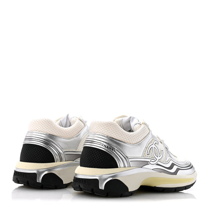 Chanel Fabric Laminated Calfskin Stretch CC Womens Sneakers 38 White Silver 5 of 11