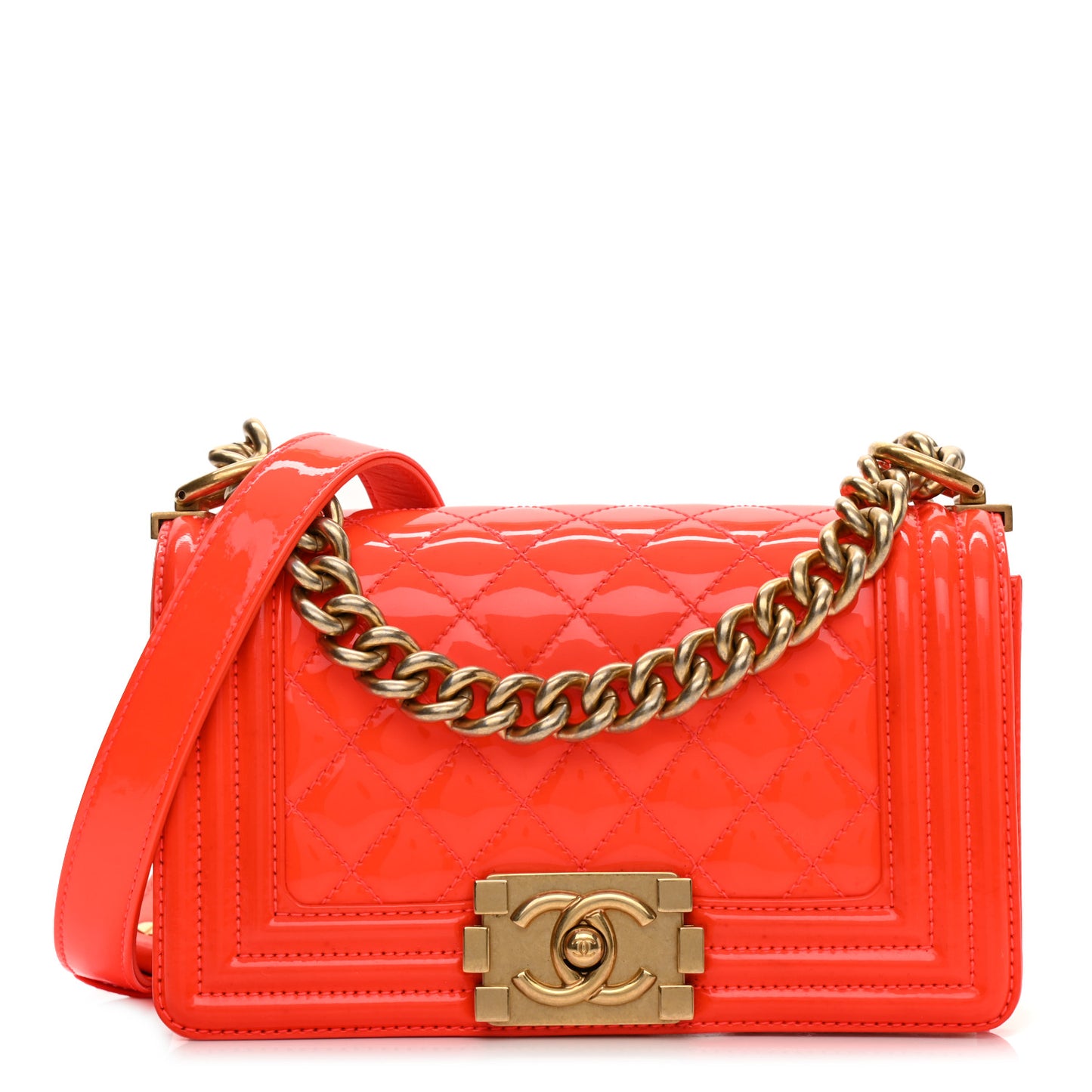 Patent Calfskin Quilted Small Boy Flap Orange