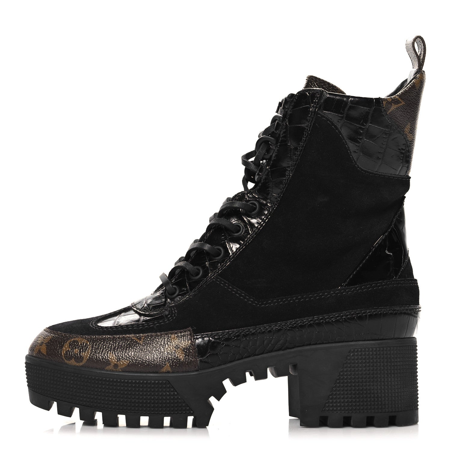 Louis Vuitton Suede Calfskin Crocodile Embossed Patent Monogram Laureate Platform Desert Boots 38 Black 1 of 10