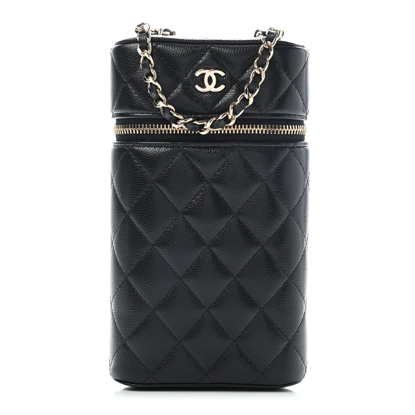 Caviar Quilted Phone Holder With Chain Black